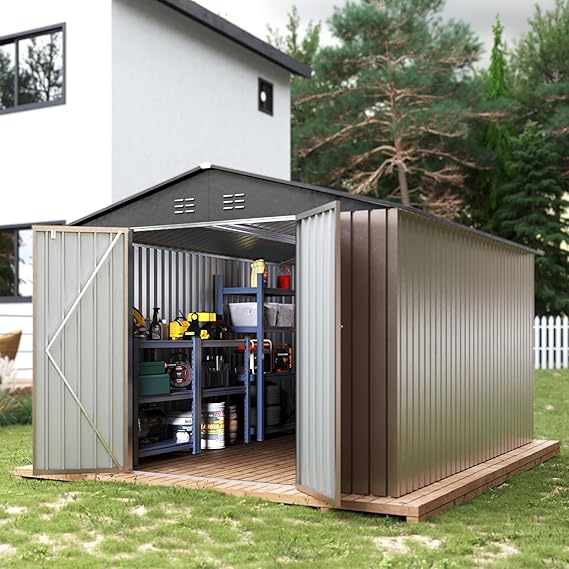 GarveeLife 8 x 12 ft Outdoor Storage Shed, Metal Garden Shed with Updated Frame Structure, Tool Sheds with Lockable Doors, Bike Storage Shed for Backyard Garden Patio Lawn