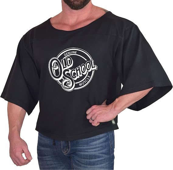 Men's Oversize Gym T-Shirt in Black, Bodybuilding Cardio Rag Top Muscle Plus Size Tee with Old School Design