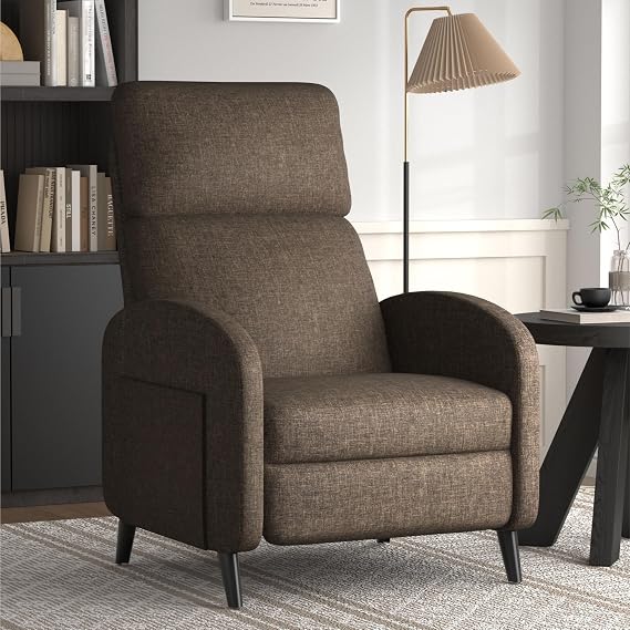 Softa Recliner Chair for Adults, Small Fabric Reclining Chair with Side Pockets, Adjustable Home Theater Seating Modern Armchair with Extended Footrest for Living Room, Brown