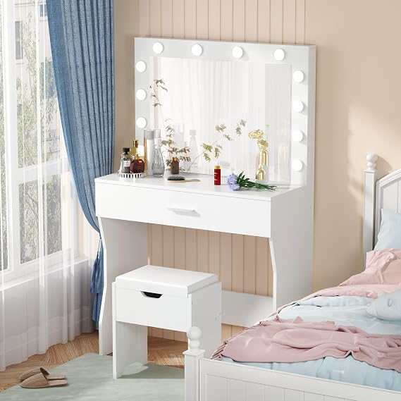 Vabches Vanity with Lighted Mirror, Makeup Vanity Set Desk with Storage Stool, Makeup Table with Large Drawer, White Vanity Table for Bedroom
