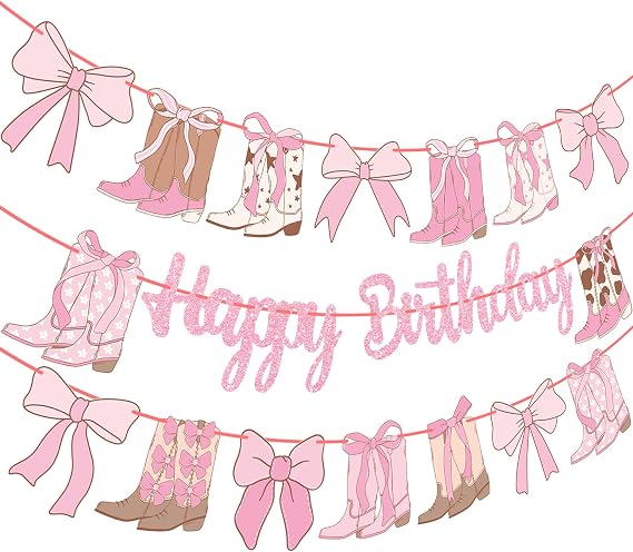 Coquette Cowgirl Birthday Banners Western Cowgirls Decorations 3PCS Boots and Bows Banner Glitter Pink Coquette Bows Birthday Decor for Girls Western Theme Baby Shower Supplies
