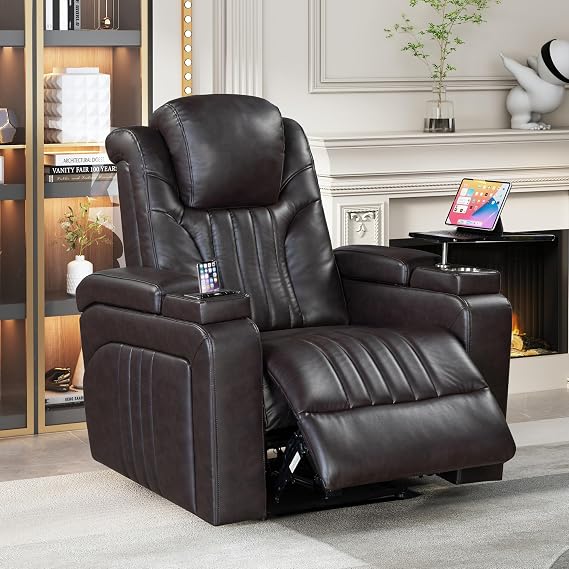 Flieks PU Leather Power Recliner Home Theater Recliner with Power Adjustable Headrest, Wireless Charging Device, USB Port, Storage Arms, Cup Holder and Swivel Tray Table for Living Room, Brown