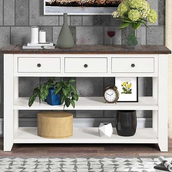 48'' Solid Pine Wood Top Console Table,Modern Entryway Sofa Side Table with 3 Storage Drawers and 2 Open Shelves for Hallway Foyer Living Room,Easy Assemble (Antique White+ Brown Top)