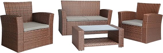 4 Piece Outdoor Furniture Wicker Rattan Patio Backyard Garden Set with Grey Cushions, Full, Brown