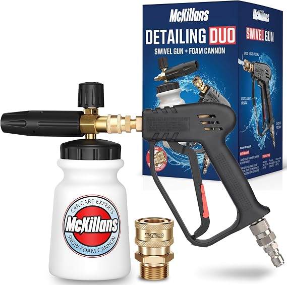 McKillans Pressure Washer Gun with Swivel & Foam Cannon Wide Mouth & M22-14mm Adapter - Adjustable Thick Foam - Power Washer Gun - 3/8" Male Plug & 1/4 Quick Connector Coupler
