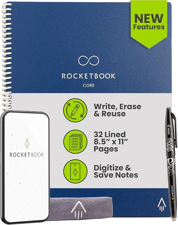 Rocketbook Reusable Spiral Notebook, Letter Size, 8.5x11, Dark Blue - Ruled Pages, Connect Apps, Erasable Durable Cover, Great for School, Work, and Creative Projects