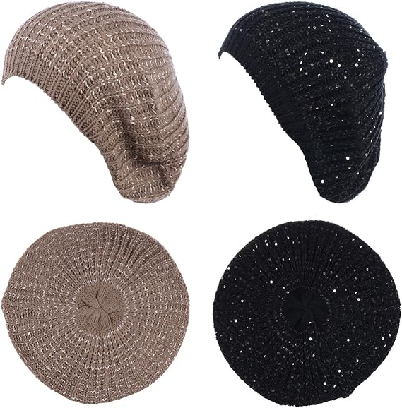 BYOS Women's Fall French Style Cable Knit Beret Hat W/Sequin/Wooden Button