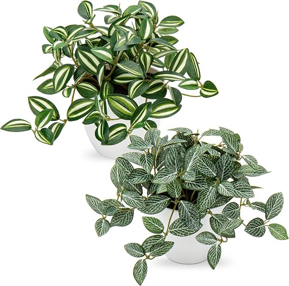 Oairse Small Artificial Plants Indoor in Pot Set of 2 Decorative Fake Plants Realistic Faux Plant Potted for Home Aesthetic Living Room Bathroom Desk Shelf Office Decoration