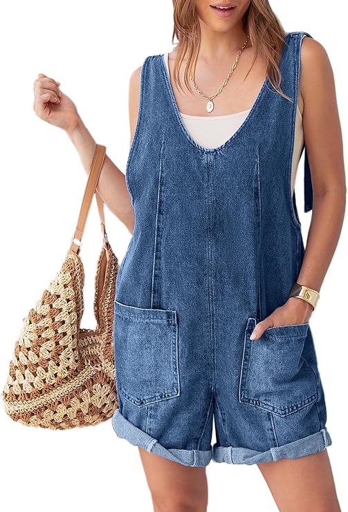 Glamaker Womens Denim Romper Overalls Casual Sleeveless V Neck Jean Overall Shorts Jumpsuit Summer Outfits 2026