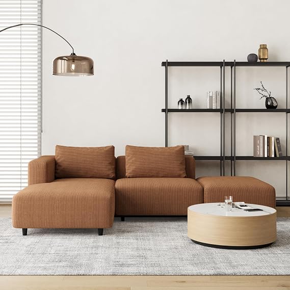 Acanva Soft Corduroy Sectional Modular Sofa Set, Orange Brown