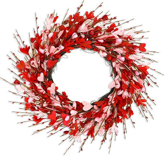 AMF0RESJ Valentine's Day Wreath for Front Door Valentine Wreath with forsythia Flowers,Pink and red Hearts for Indoor Outdoor Wedding Anniversary Party Home Wall Window Festival Decoration