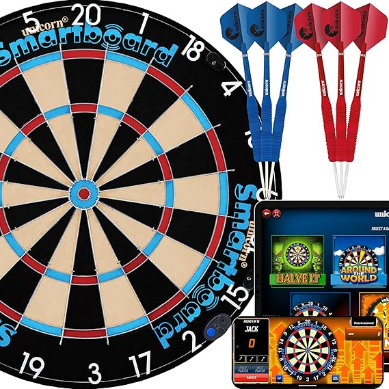 Unicorn Electronic Dartboard | Smartboard | Traditional Sisal Bristle | Connects to Bluetooth Scorebuddy App | includes 6 Steel Tip Darts