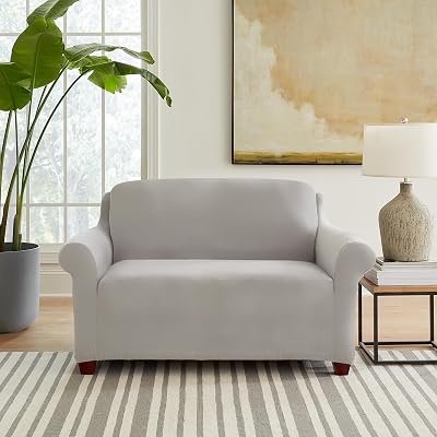 SureFit Hampstead Stretch Velvet Loveseat Slipcover, One Piece Love Seat Couch Covers with Elastic Bottom for A Snug Fit, Machine Washable Loveseat Covers, Single Light Gray Loveseat Cover