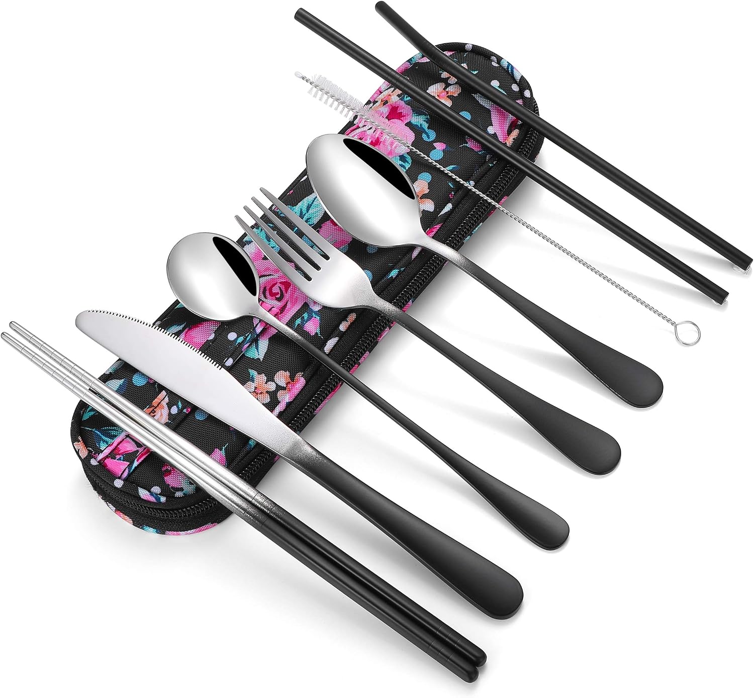 Travel Utensils,Reusable Silverware Set To Go Portable Cutlery Set with a Waterproof Carrying Case for Lunch Boxes Workplace Camping Picnic GraBlack