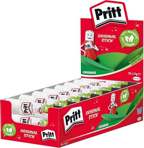 Pritt Glue Stick 25 x 11g - Safe and Reliable Kids Glue - Pritt Glue for Crafts and DIY with Strong Hold for School and Office Use - 25 Sticks x 11g