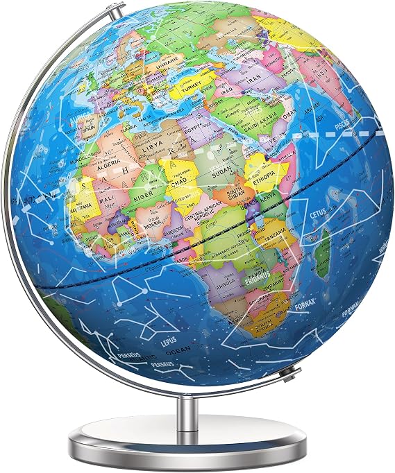 SOUNDANCE 13 Inch Illuminated World Globe, LED Constellation, Blue