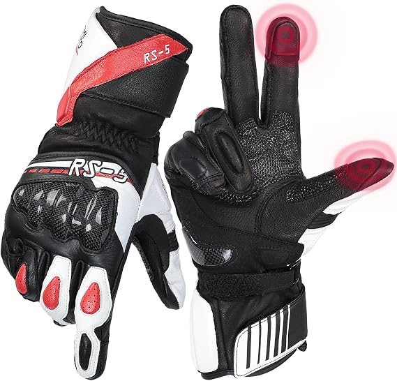 KEMIMOTO Motorcycle Gloves Leather for Men and Women Full Finger Cowhide and Goat Leather Gloves with Carbon Fiber Knuckle Reinforcement and Touchscreen