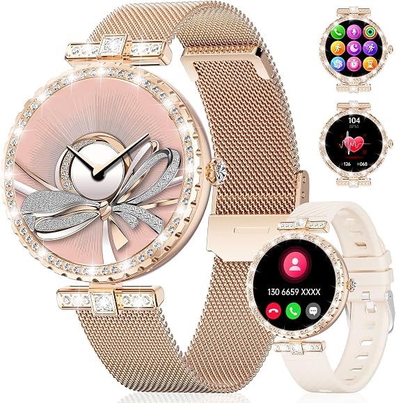 ESFOE Smart Watches for Women,1.19 AMOLED Smart Watch Women Answer Make Calls,IP68 Waterproof Fitness Tracker,Heart Rate Sleep Monitor,100+ Sports Pedometer Watch for Android iOS Phone,Mesh,2 Straps