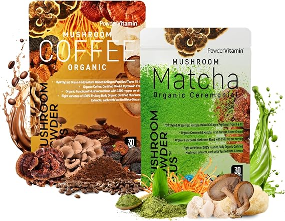 PowderVitamin Organic Mushroom Coffee + Mushroom Matcha All-Day Energy Bundle, 8 Fruiting Body Mushrooms & Certified Mold & Mycotoxin Free, Focus Energy Digestion & Immunity (30+30 Servings Bundle)