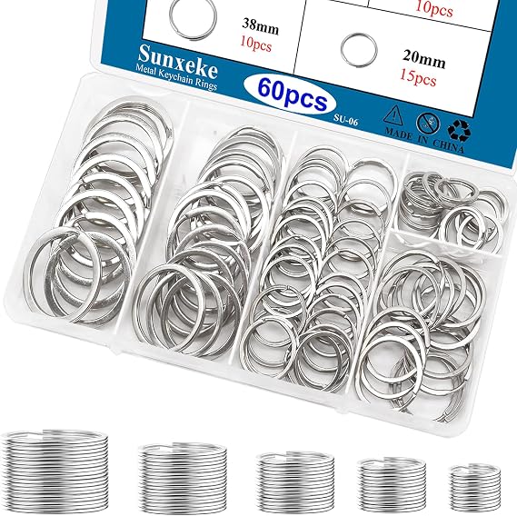 60 Pcs Metal Key Chain Rings Kit, O Ring Multi-Purpose Flat Split Keychain Rings Assortment 20 mm, 25 mm, 30 mm, 35 mm, 38 mm for DIY,Car Keys,Home Car Keys,Attachments Keys Pendants
