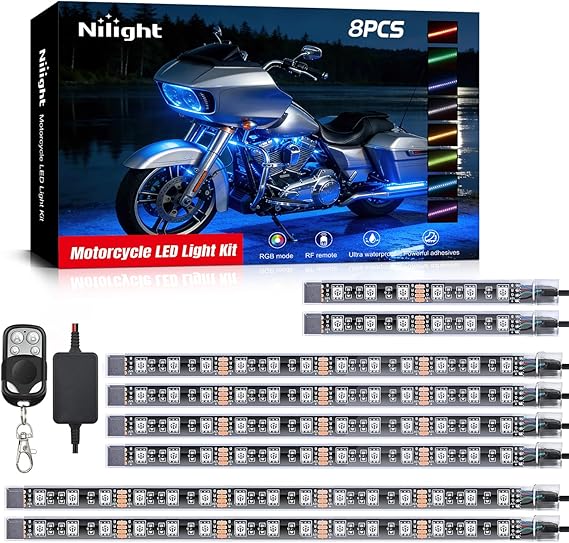 Nilight 8PCS Motorcycle RGB Led Light Kit Waterproof Multi-Color Atmosphere Lights Lamp with 4Key RF Wireless Remote for Harley Davidson Honda Kawasaki Suzuki, TL-42