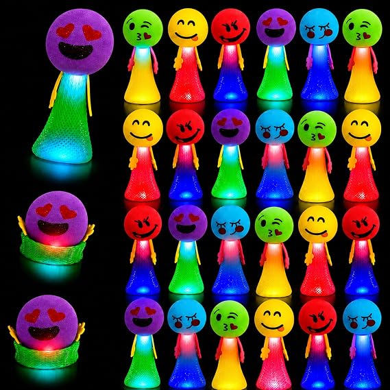 ArtCreativity Light-Up Jumping Popper Toys for Kids 24 PCS LED Spring Launchers with Flashing Lights, Emoticon Faces, Jump Up to 4 Feet, Party Favors, Goodie Bag Fillers for Boys & Girls