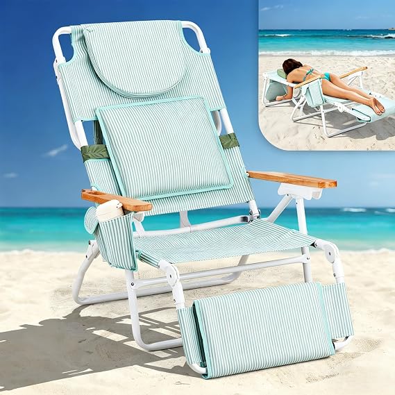 VINGLI Deluxe 3 in1 Beach Chair, Tanning Chair with Face Hole, Reclining Lounge with Foot Rest, Cup Holder and Storage Bag,Beach Lounge for Outdoor Pool-Green