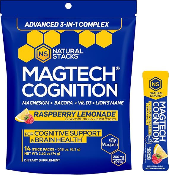MagTech Magnesium Cognition Powder with Lions Mane Mushroom, 14 Servings | Sugar Free Focus Supplement for Adults - Magtein L-Threonate, Glycinate & Taurate Magnesium Complex - Natural Stacks