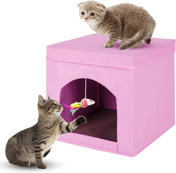 PowerKing Collapsible Cat Bed & Hideaway for Indoor Cats - Foldable Cat Comfort Cube, 13 inches (Pink)sinin