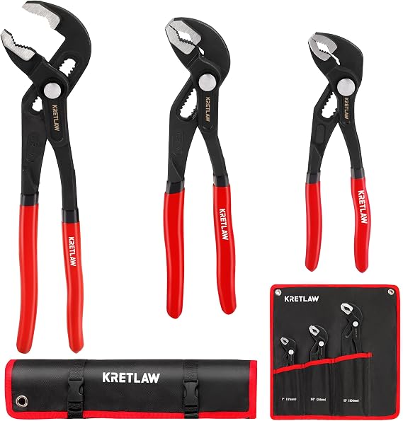 KRETLAW 3-Piece Groove Joint Pliers Set (300mm & 250mm & 180mm), Quick-Adjustable Water Pump Pliers，Cr-V V-Jaw Tongue and Groove Pliers for Home Repair & Plumbing
