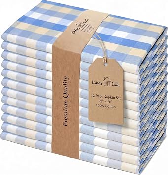 Urban Villa Cloth Napkins 100% Cotton Highly Absorbent Washable Reusable Premium Dinner Napkins Ideal for Gifts for Mothers Day Hotel Farmhouse Parties - Blue Sand Checks (20" x 20", Set of 12)