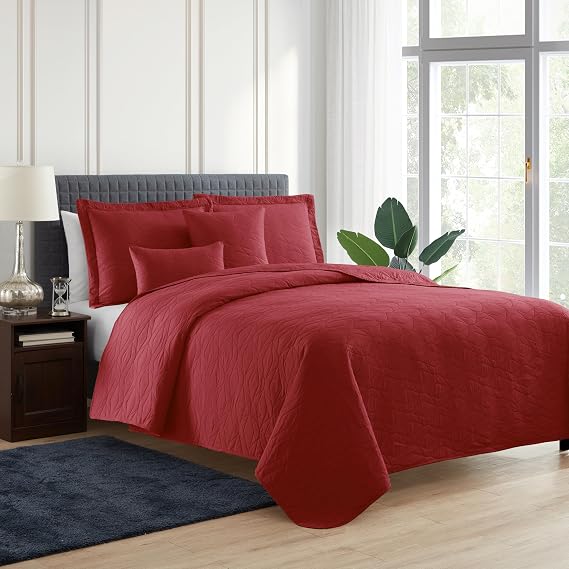Hearth & Harbor Quilts Queen Size - All Season Bedspread Coverlet Set, Pinsonic Weave Lightweight Bedding Set - 7 Piece Queen Quilt Set with Pillow Shams, Ellipse - Burgundy