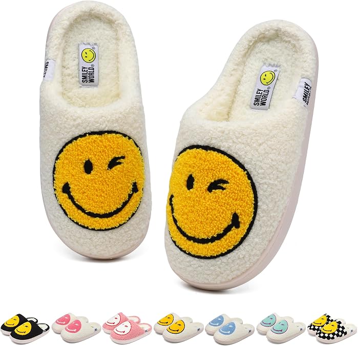 SMILEYWORLD Womens Mens Smiley Face SlippersComfy Warm Plush Slip On House ShoesRetro Funny Happy Smile Soft Memory Foam Slipper Indoor Outdoor