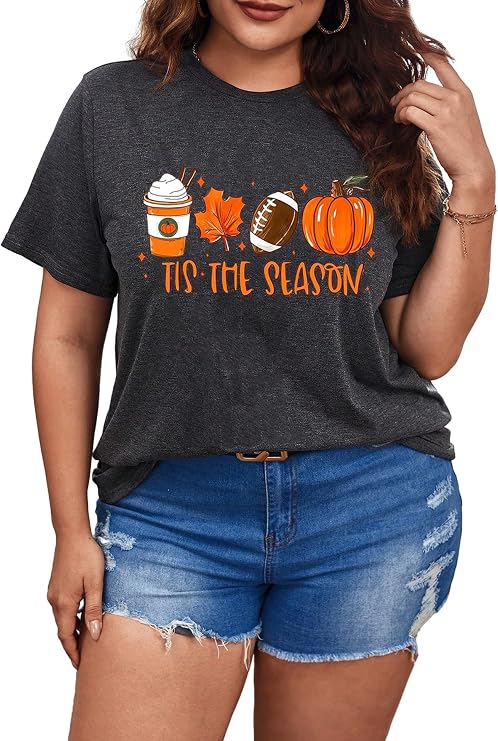 Women's Plus Size Fall Outfits Football Pumpkin Tops Tis The Season Shirts