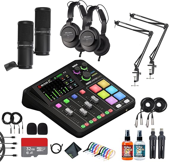 RODE RODECaster Duo Integrated Audio Production Studio | Compact Mixer with Dual USB Interface & Bluetooth | For Podcasting & Streaming (RCDUO) + 2x Headphones + 2x Podcast Microphone + Mic Arm + More