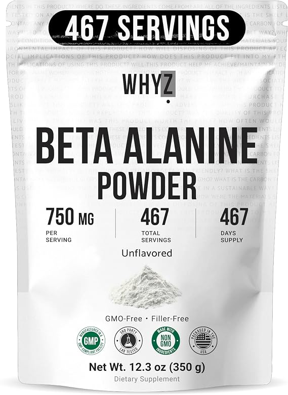 WHYZ Beta Alanine Powder Pure Beta Alanine Pre-Workout Supplement for Sustained Energy for Men and Women, Alanine Supplement for Endurance, 467 Servings, 350g (12.3 lb)