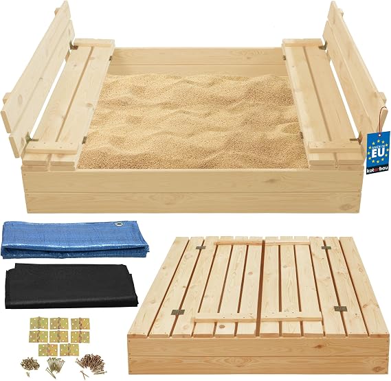 KOTARBAU Sandpit with Cover 120 x 120 cm Wooden Sand Box