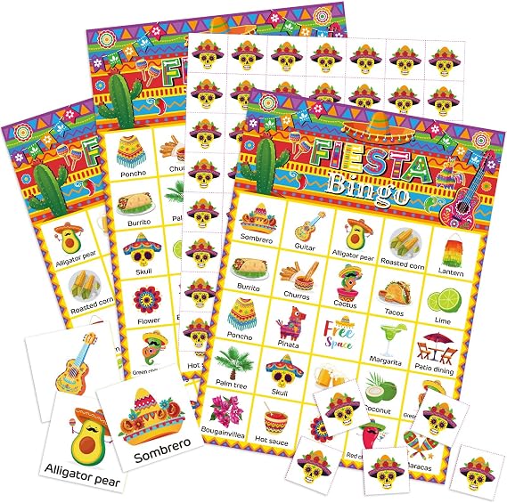 Liliful 35 Pcs Fiesta Bingo for Kids 24 Players Mexican Party Games