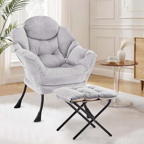 Lazy Chair with Ottoman, Accent Lounge Reading Arm Chair with Footstool, Leisure Armchair for Living Room Bedroom Comfy Arm Chairs with Footrest and Side Pocket, Grey