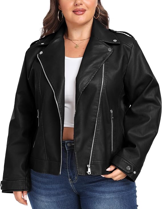 wantdo Women's Plus Size Faux Leather Jacket Motorcycle Biker Jacket