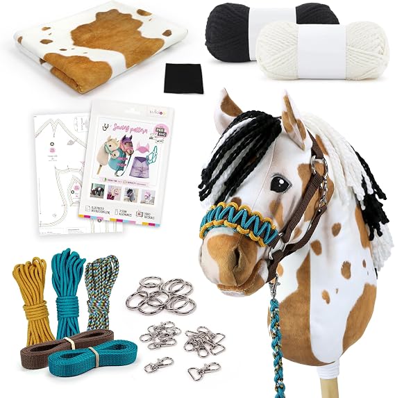 kullaloo DIY Hobby Horse Sewing Material Kit for Adults Make a Beige Pinto Stick Horse with Halters & Leads Includes Sewing Pattern with PES & SVG Files