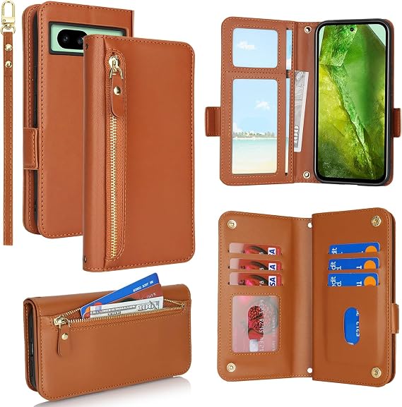 for Google Pixel 8a Phone Case with Card Holder for Women Men,Phone Case Wallet for Pixel 8a with Wrist Strap,PU Leather Zipper Pocket Credit Card Slots Flip Cover,Brown