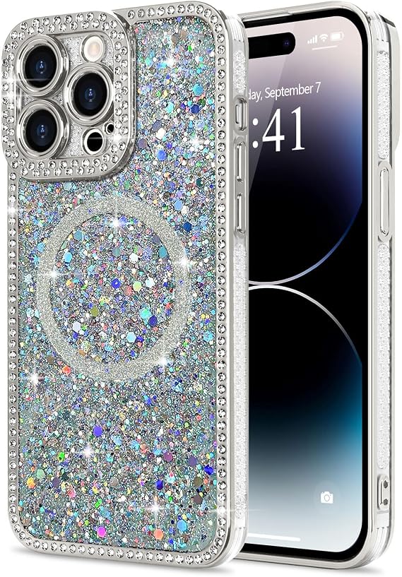 Lafunda Compatible with iPhone 14 Pro Max Case Glitter Diamond Silver