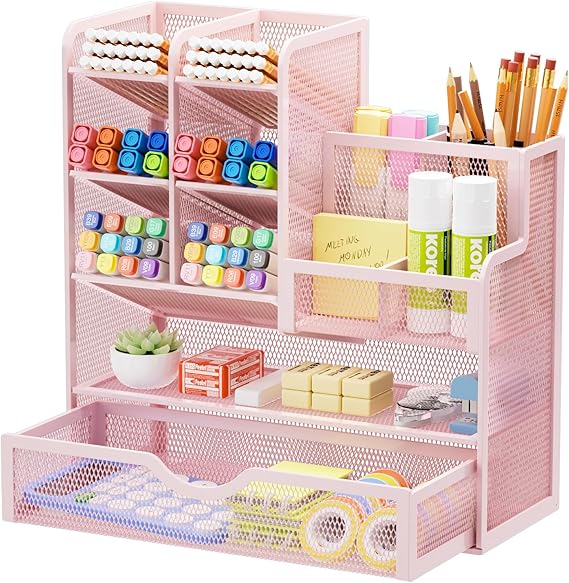 Marbrasse Mesh Desk Organiser,Stationary Organiser,Multifunctional Pen Holder,Desktop Storage and Drawer for Home Office(Pink)