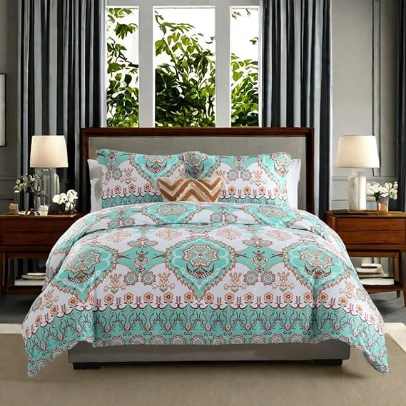 Uniclinens Boho Duvet Cover King - Green and Orange Jewel Tone Pattern Duvet Cover, 100% Cotton King Size Set, 3 Pcs Include 1 Duvet Cover (104"x90") + 2 Pillowshams (20"x36"), No Comforter