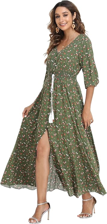 VintageClothing Women's Floral Maxi Dresses with Sleeves Flowy Boho Beach Dress