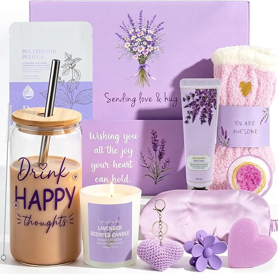 Ithmahco Purple Lavender Themed Birthday Gift Basket for Women Teen Girls
