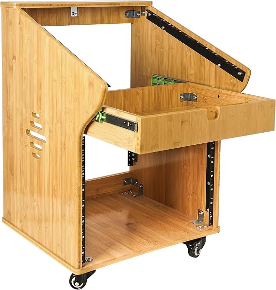 Sound Town DIY Solid Carbonized Bamboo Recording Studio Rack with 11U Slant Mixer Top, 8U Front, 2U Drawer, Rubber Feet, Casters, for Recording Room, PA/DJ Equipment, Home-Audio (STBR-M11X8)