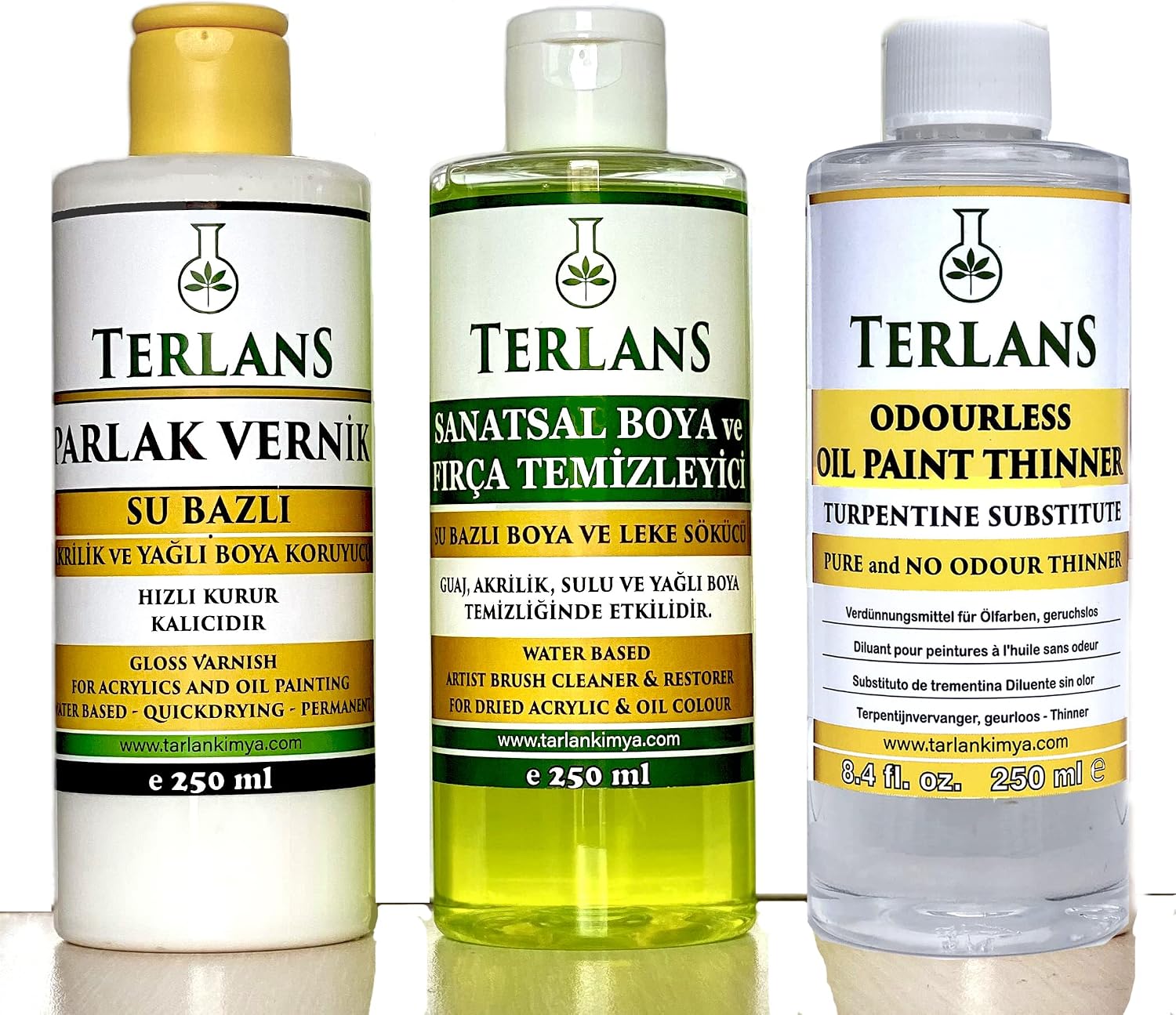 Terlans Yağlı Boya Seti Yardımcı Malzemeler Terebentin - Vernik - Boya Temizleyici 3 x 250 ml