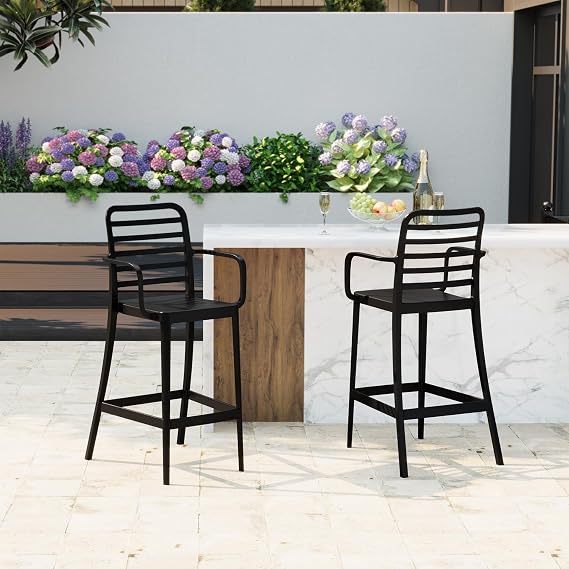 Costaelm Patio Stools & Bar Chairs Set of 2, Tall Patio Chair with Armrests and Footrest, Weather Resistance Bistro Island Chairs Counter Height Bar Stool for Yard, Garden, Balcony, Black
